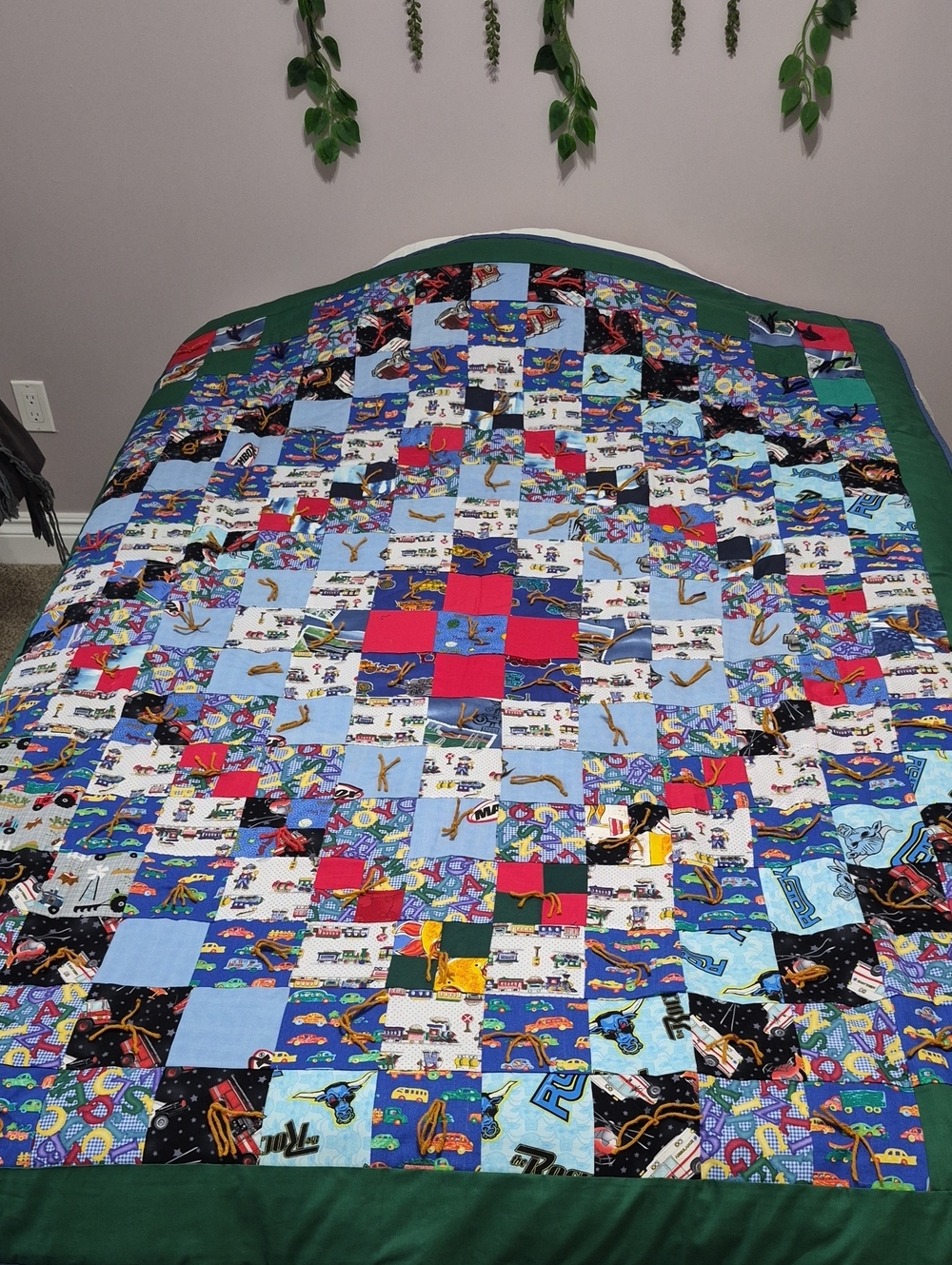 Handmade Patchwork Comforter in Blue, Green, Red